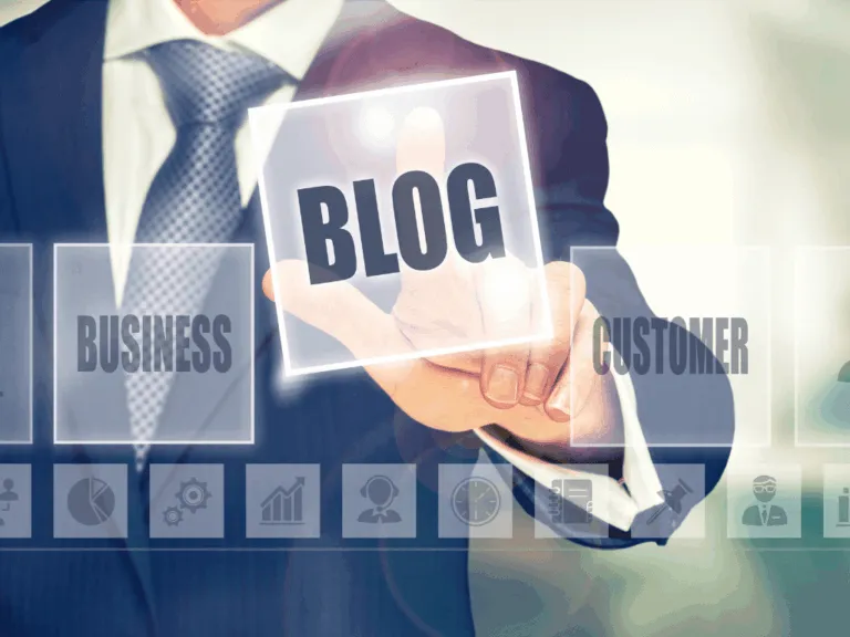 Businessman tapping a virtual button labeled “Blog”